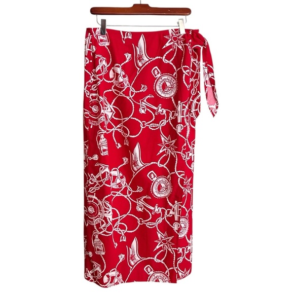 TALBOTS Vintage Red Cotton Nautical MIDI Wrap Skirt Americana Graphic Size 12 - Picture 1 of 14